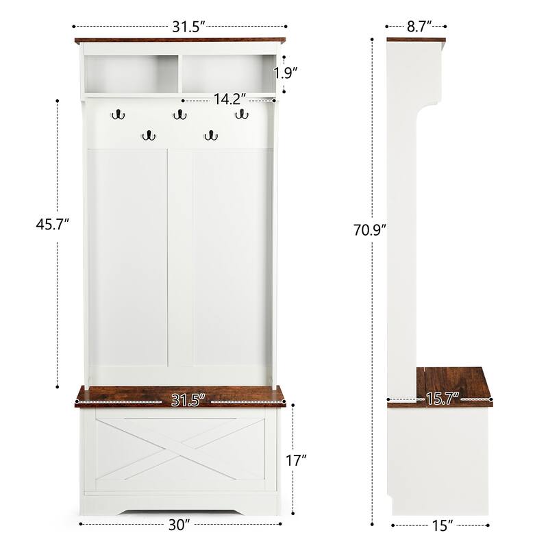 Modern Minimalist Coat Rack Wardrobe with 5 Hooks, Bench and Storage Function, for Hallway