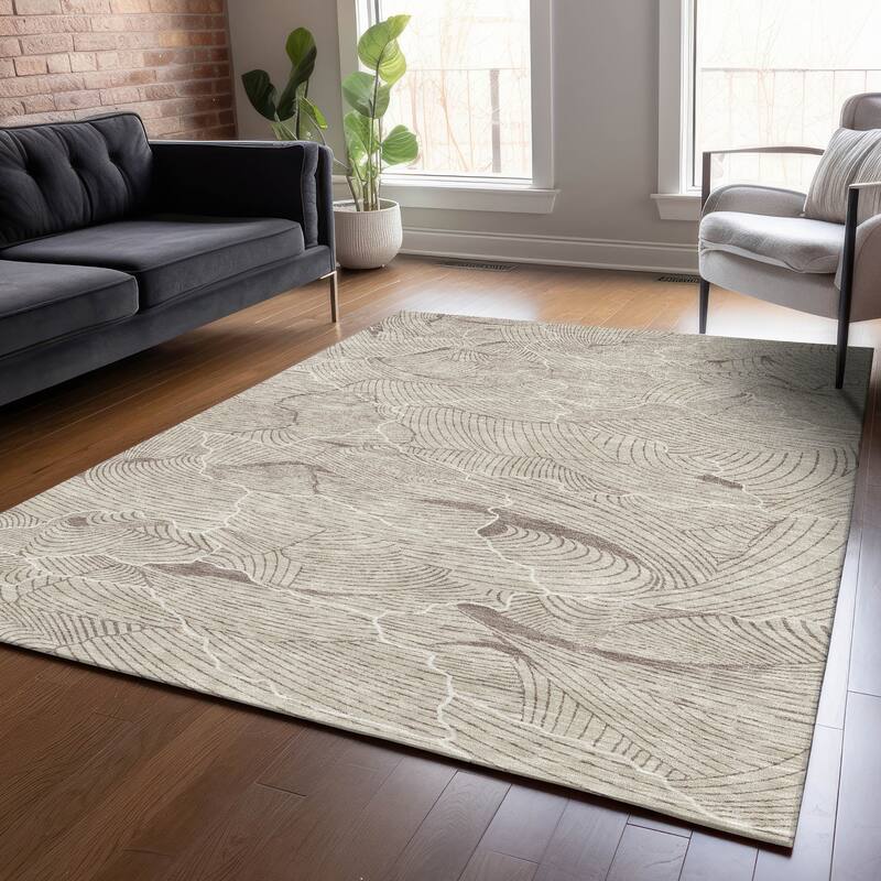 Machine Washable Indoor/ Outdoor Abstract Crackle Chantille Rug - Beige - 3' x 5'