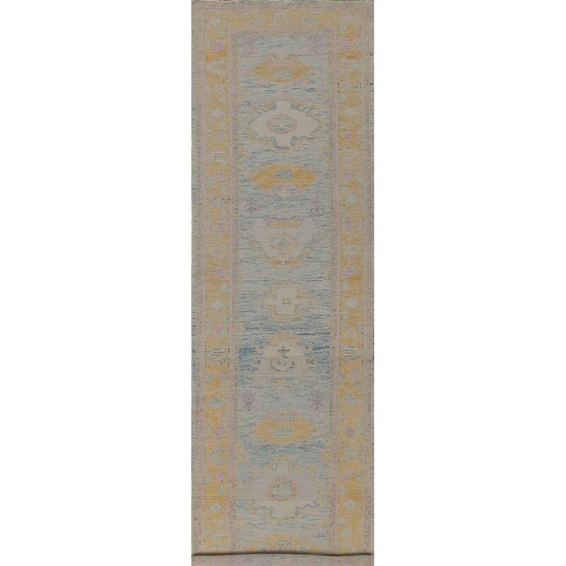Blue Oushak Turkish Runner Rug Handmade Vegetable Dye Wool Carpet - 3'0"x 14'1"