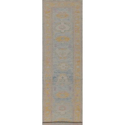 Blue Oushak Turkish Runner Rug Handmade Vegetable Dye Wool Carpet - 3'0"x 14'1"