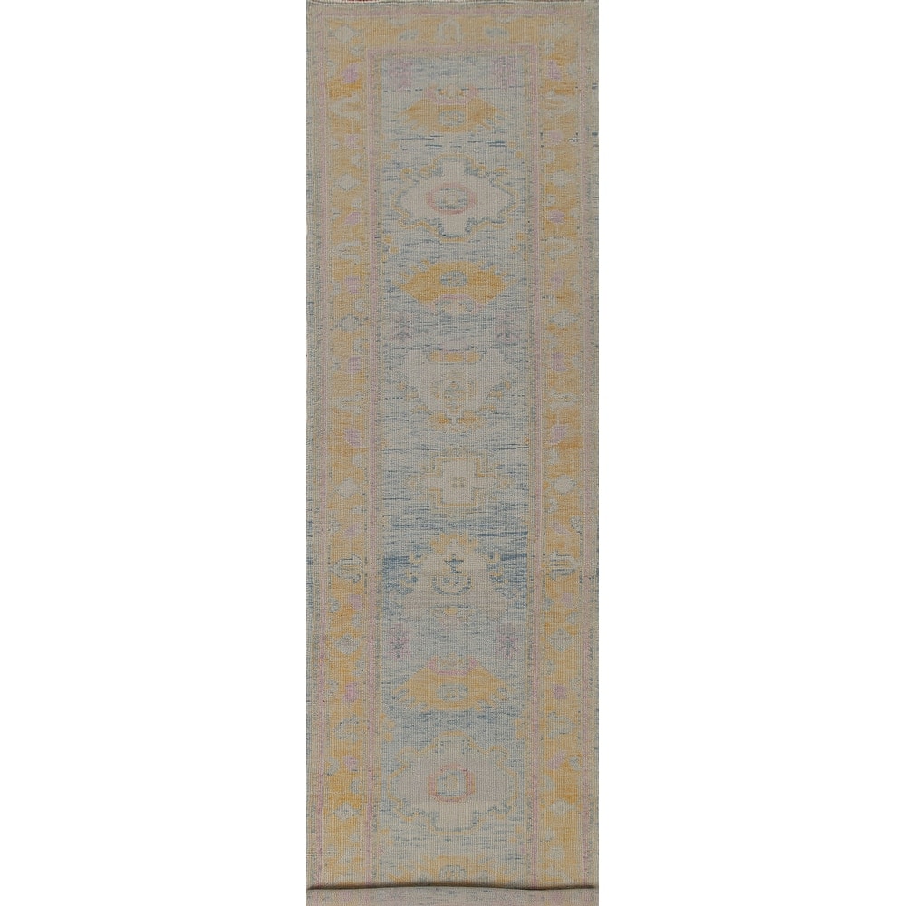 Blue Oushak Turkish Runner Rug Handmade Vegetable Dye Wool Carpet - 3'0"x 14'1"