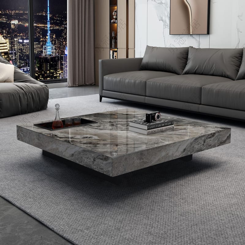 JASIWAY Light Luxury Sintered Stone Square Coffee Table - Brown and Light Black