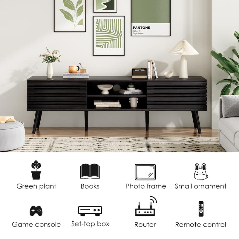 Mid Century Modern TV Stands for up to 70" TV with Storage, Fluted Wood TV Stand for Living Room, Boho Media Console