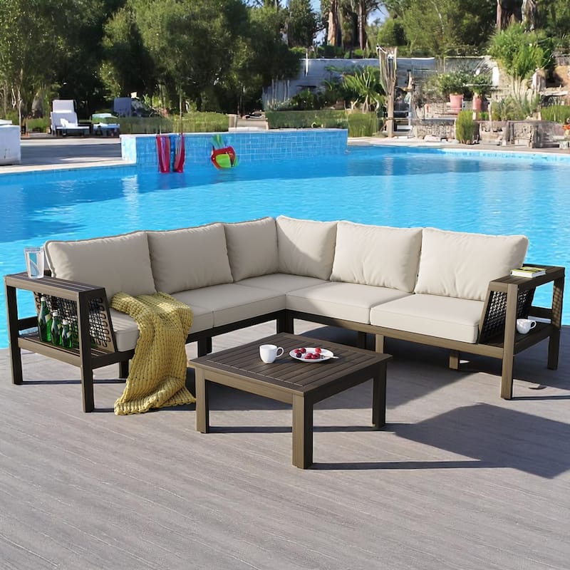 4-Piece Acacia Wood Patio Furniture Set with Armrests, Cushions and Pillows,Outdoor Sectional Sofa for Balcony, Garden,or Deck