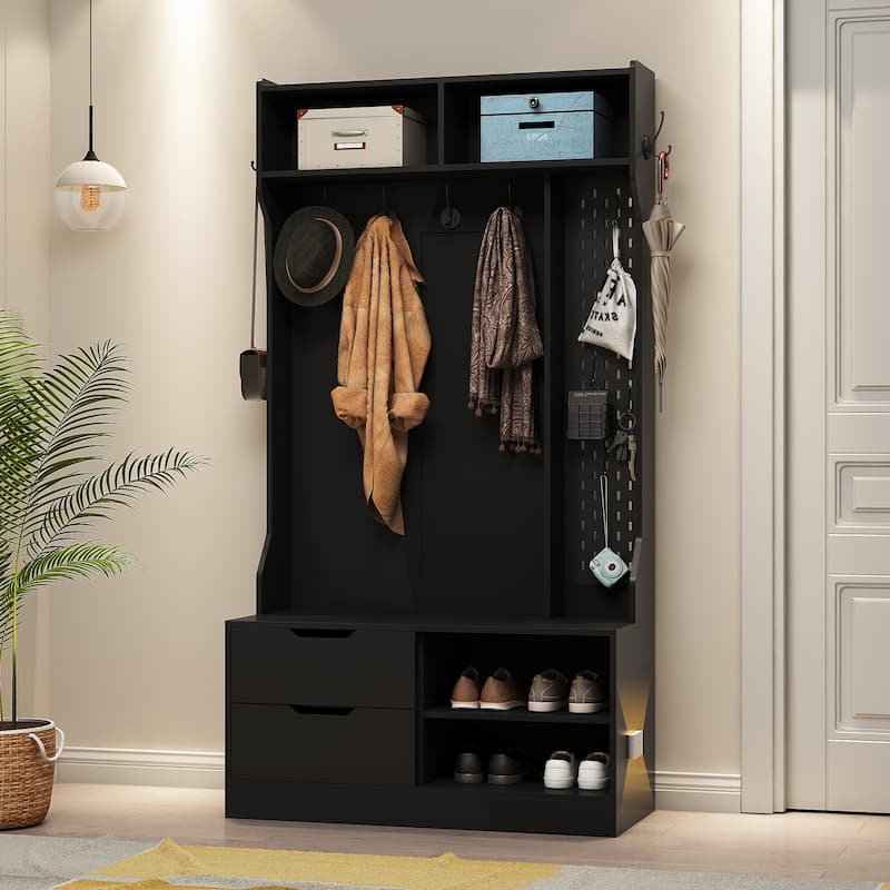 Roomfitters Hall Tree with 6 Hooks & Pegboard, Entryway Bench with Shoe Storage Organizer, Modern Coat Rack & Drawers, Black