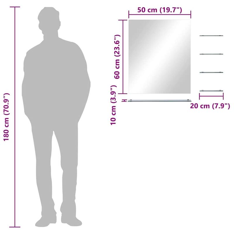 vidaXL Wall Mirror Silver Tempered Glass 19.7 x 23.6 in Wall Mirror - 19.7 x 23.6 x 3.9 in