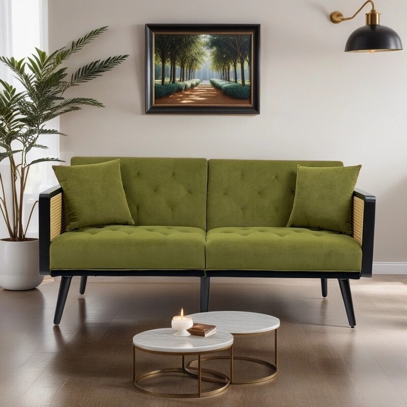 Modern 2 Seat Velvet Sofa Rattan Arm Loveseat with Split Back Fold Down Backrest Reclining Couch for Living Room Beige Bed Bath Beyond 39931667