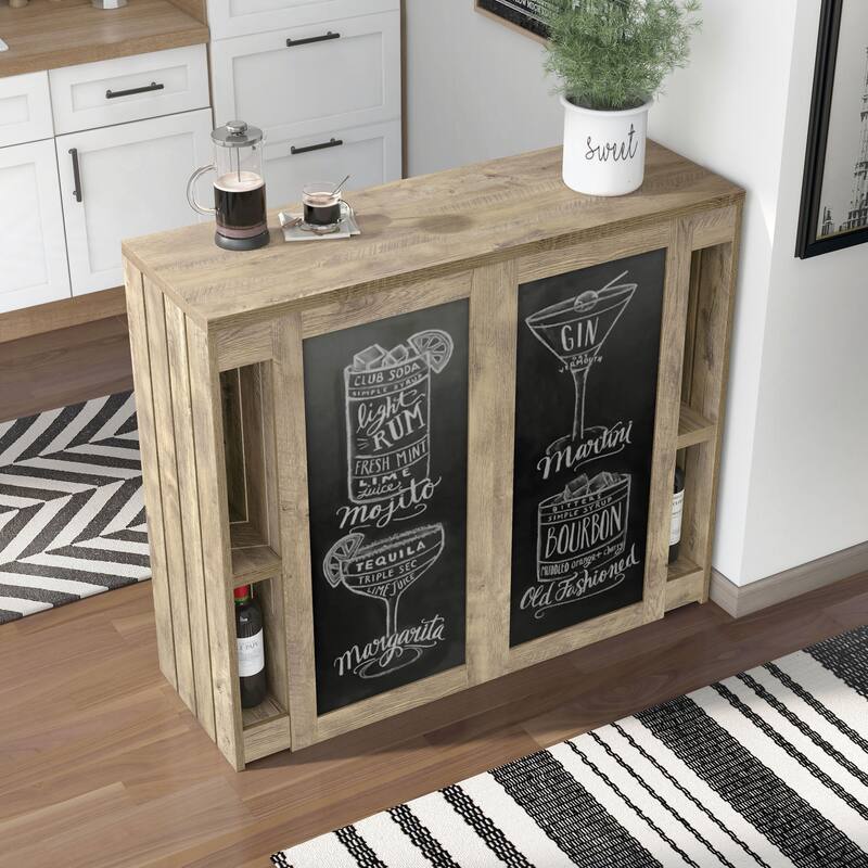 DH BASIC Farmhouse Weathered Oak 9-Open Shelf Home Bar with Chalkboard Menu Signs by Denhour