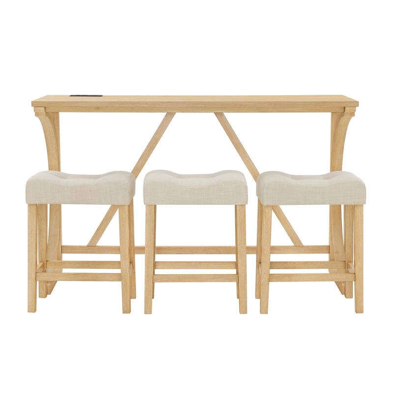 59" Bar Table Set with Power Outlet, Industrial Breakfast Table with 3 Stools, 4 Piece Counter Height Bar Table and Chair Set