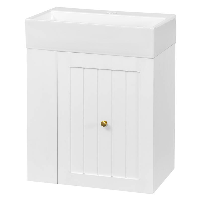 20 Inch Wall-mounted Bathroom Vanity with Ceramic Sink, Floating Bathroom Vanity Cabinet with Side Shelf for Small Bathrooms