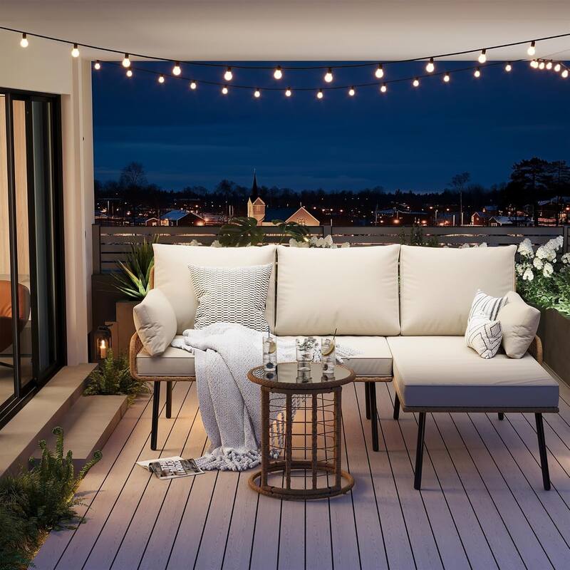 3-Piece L-Shaped Patio Furniture Set with Washable Cushions and Coffee Table