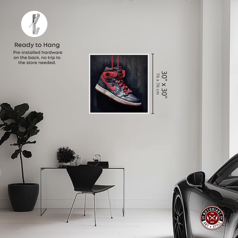 Notoriart Black And Red Hanging Sneaker Framed Sneaker 1 Piece Canvas Wall Art