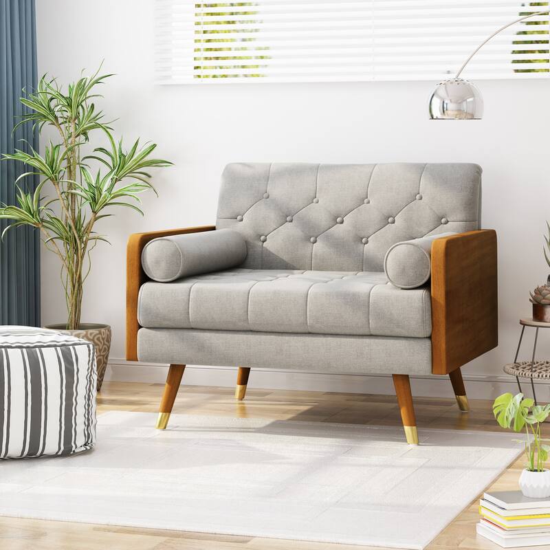 Modern 37.75" Upholstered Button Tufted Club Chair with Rolled Accent Pillows and Wood Frame