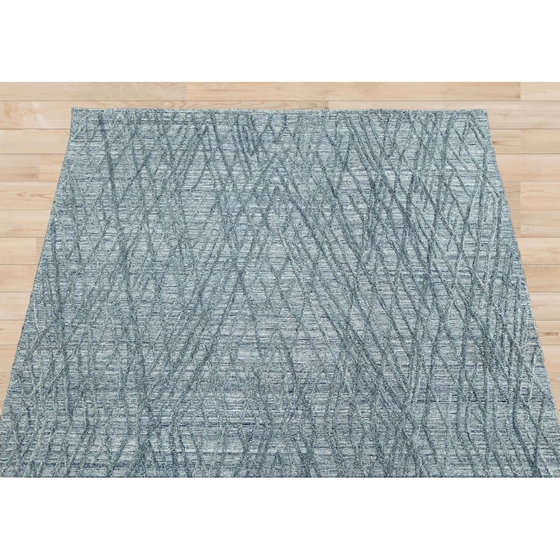 Hand Knotted Textured Blue,Gray Tibetan Wool Modern Oriental Area Rug - 4' 1'' x 6' 1''