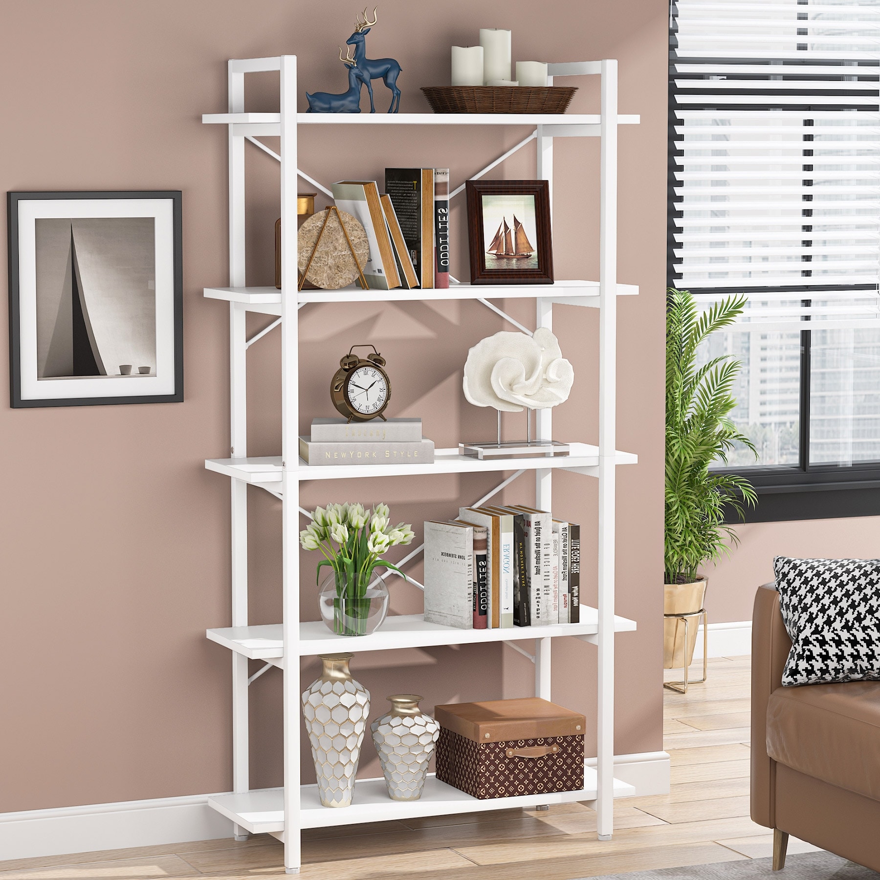 5 Tier Bookshelf White Bookcase with Metal Frame Modern Tall