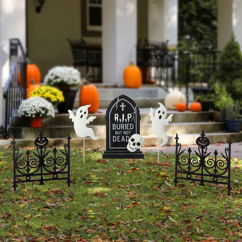 Glitzhome 24"H 5-Piece Halloween Metal Fences Tombstone Ghost Set Yard Stakes