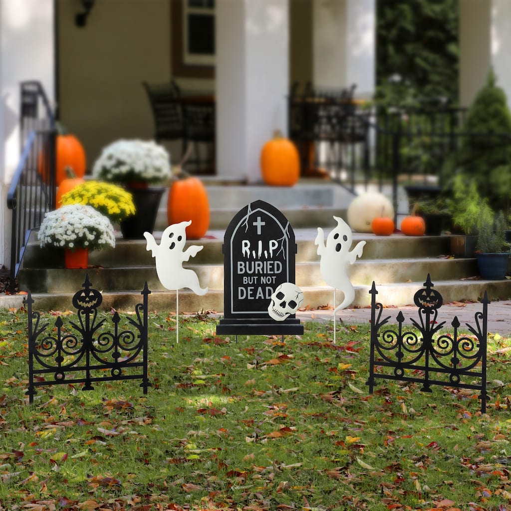 Glitzhome 24"H 5-Piece Halloween Metal Fences Tombstone Ghost Set Yard Stakes