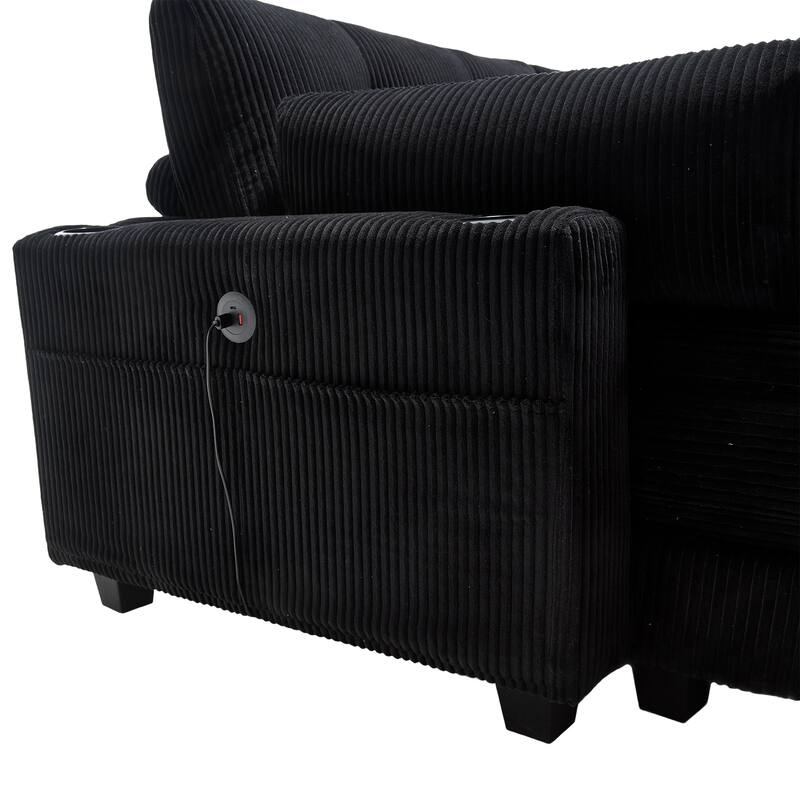 Oversized Corduroy Upholstered Single Chaise Lounge Sofa Couch Switchable Armrest with Cup Holders, USB Ports and Pockets