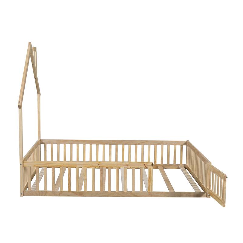 Pine Wood Full Size House Bed with 12" Guardrail, Charming Fence and Chimney Design.