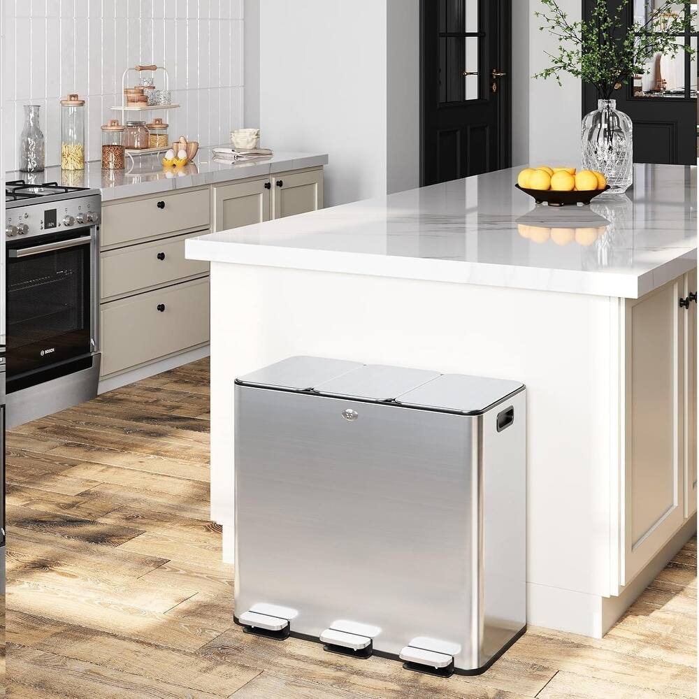 15 Gallon Triple Compartment Stainless Steel Kitchen Trash Can , Silver