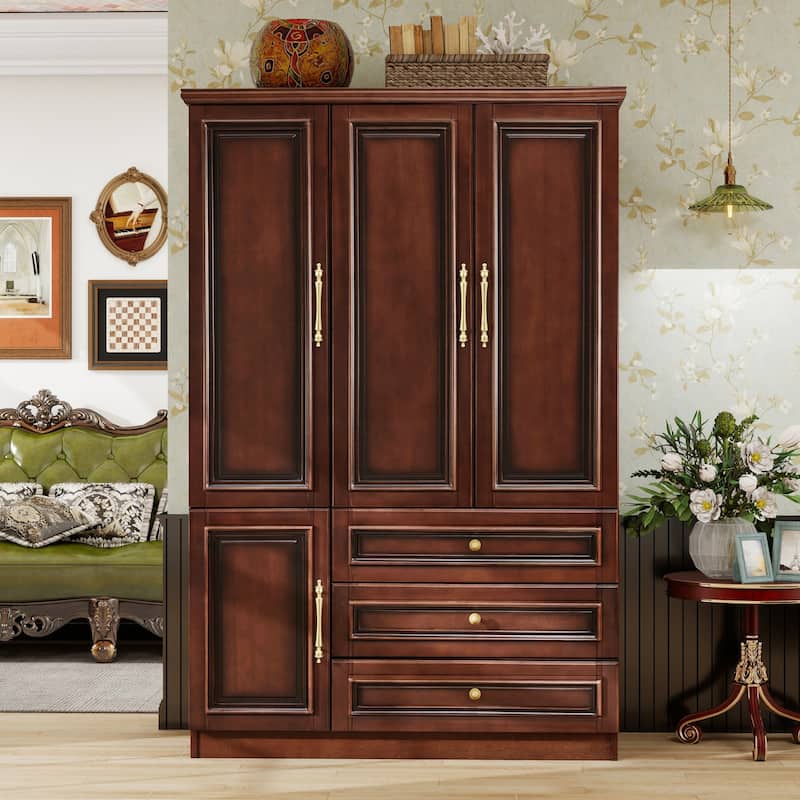 100% Solid Wood Walnut Armoire Wardrobe Closet with 3 Drawers and Hanging Rod, Farmhouse Style Wardrobe Closet with 3 Doors - Walnut