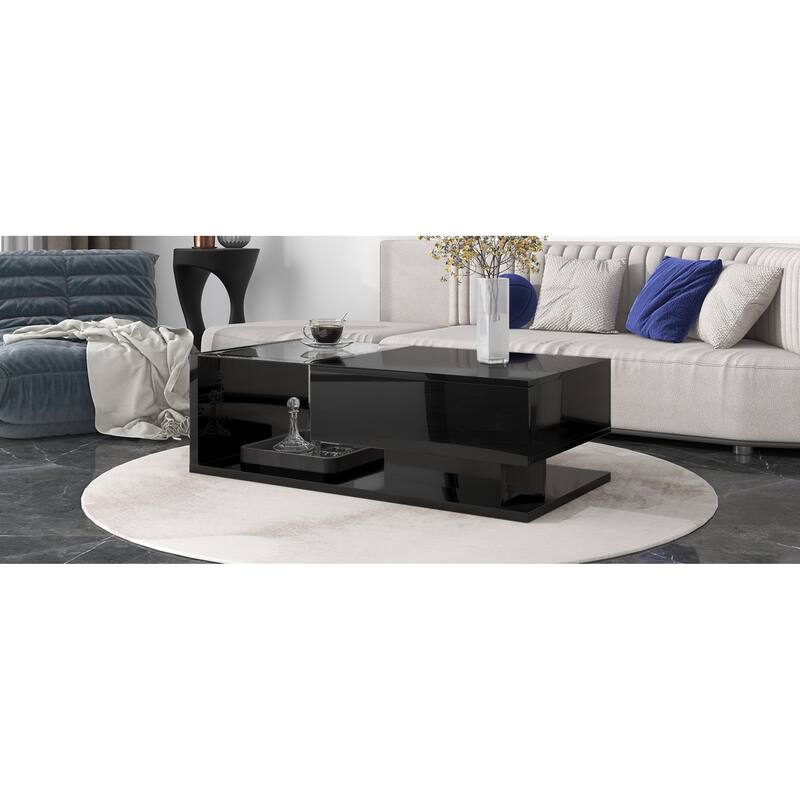 Contemporary 2-Tier Coffee Table with Tempered Glass & Wooden Base, High-Gloss UV Surface, 39.3" for Living Room