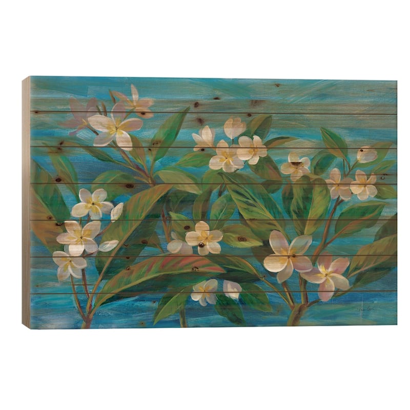 Oceanside Plumeria Print On Wood by Silvia Vassileva - Multi-Color - 26x40x1.5