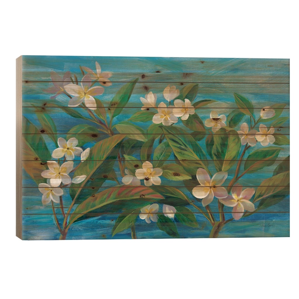 Oceanside Plumeria Print On Wood by Silvia Vassileva - Multi-Color