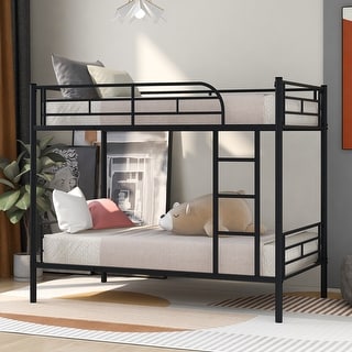Black Twin over Twin Metal Bunk Bed with Fence & Ladder
