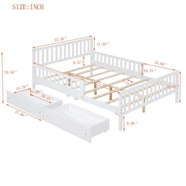 dimension image slide 3 of 6, Wood Platform Bed with 2 Storage Drawers & Both Sides Guardrails, Storage Bed Frame for Bedroom, Guest Room