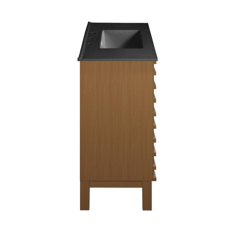 Cascade 48 In. Brown Oak Bathroom Vanity With Black, 3-Hole Ceramic Sink Top