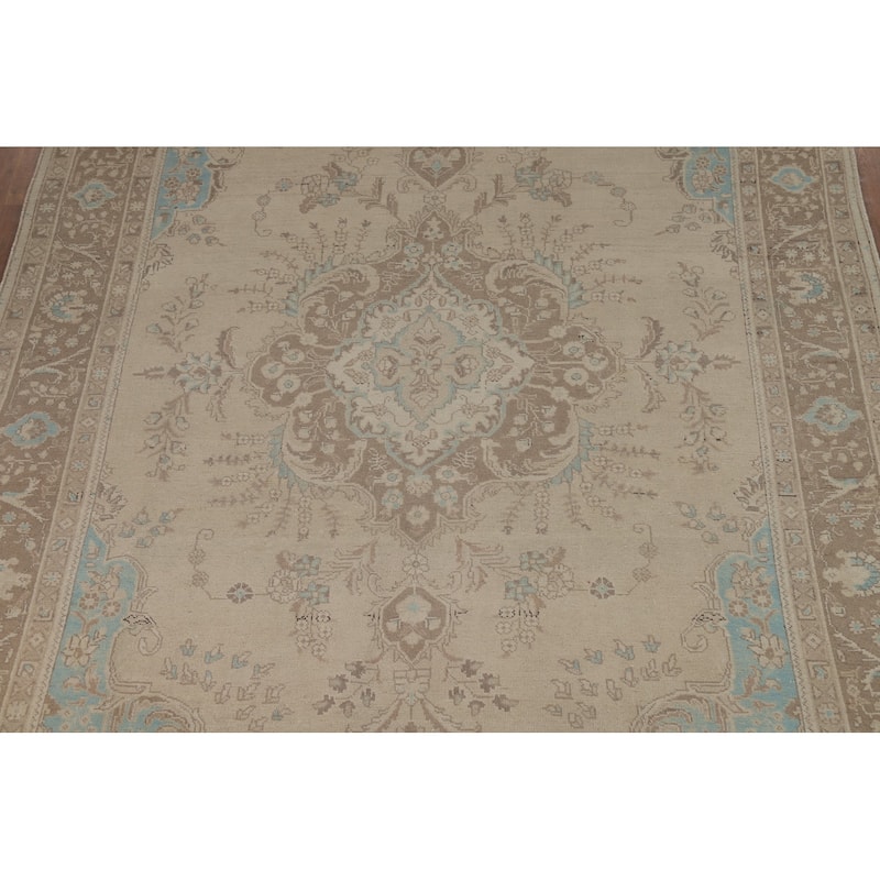 Hand Knotted Oriental 100% Wool Carpet Traditional Floral Beige & Ivories Tabriz Area Rug - 11' 2'' X 7' 7''