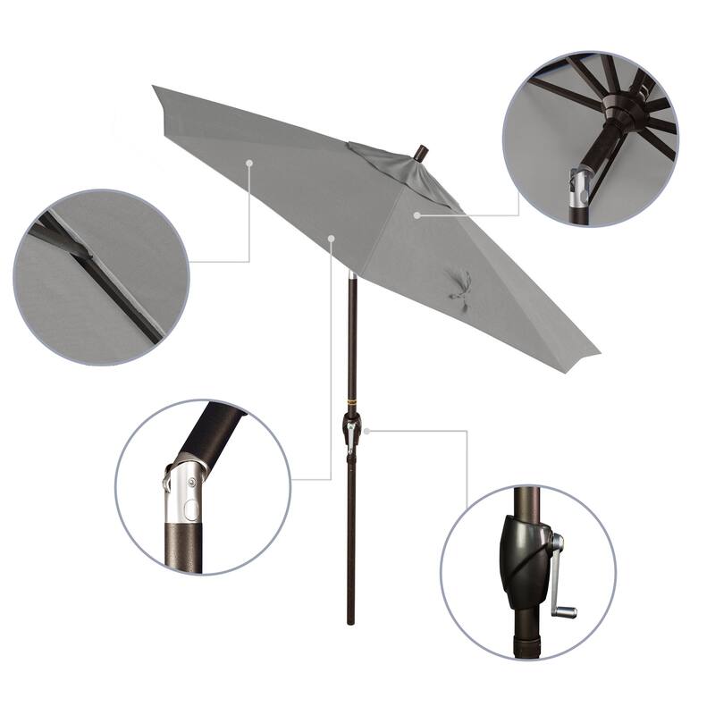 California Umbrella 7.5' Round Crank Lift Push Button Tilt Bronze Aluminum Patio Umbrella with Sunbrella Cilantro Fabric