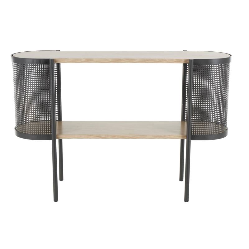 Light Brown Wooden Oval Two-Toned 1 Shelf Living Room Console Table with Mesh Side Panels and Brown Wood Tabletop