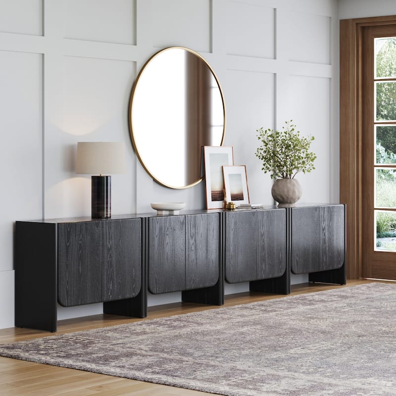 Jacala Mid Century Modern Entryway Storage Cabinet with Doors, Living Room Accent Cabinet with Wood Frame - Set of 4 - Black Oak