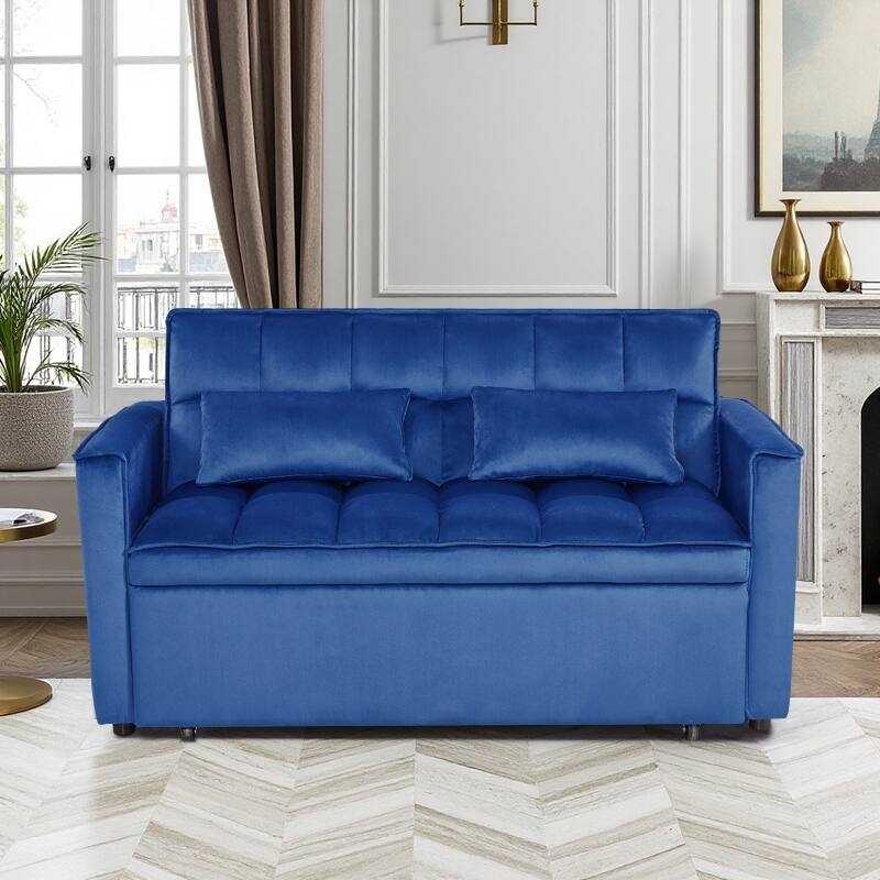 54” Velvet Pull-out Sleeper Sofa Bed,with 3 Adjusting Reclining Back & Storage - Solid Wood Frame,Twin Size-54” x 35.5” x 30”H