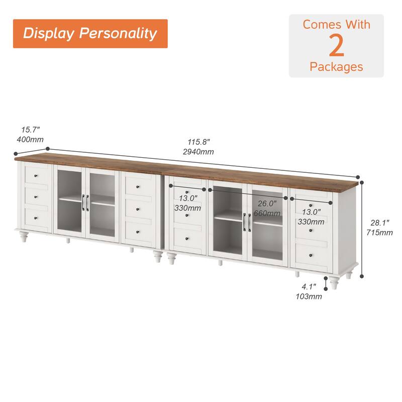 WAMPAT Farmhouse 2 in 1 TV Stand with Storage Cabinet for up to 110" TVs, Modern Entertainment Center Console Table - 115.8''