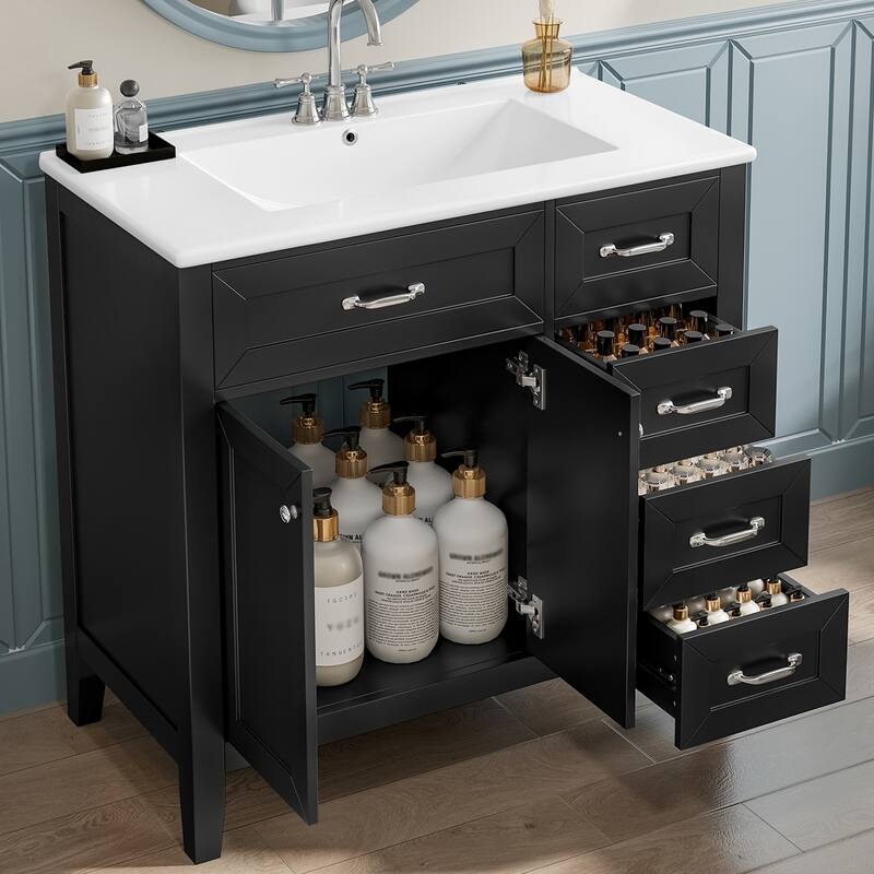 36" Bathroom Vanity with Sink Combo, Black Bathroom Cabinet with Drawers, Solid Frame and MDF Board - Black