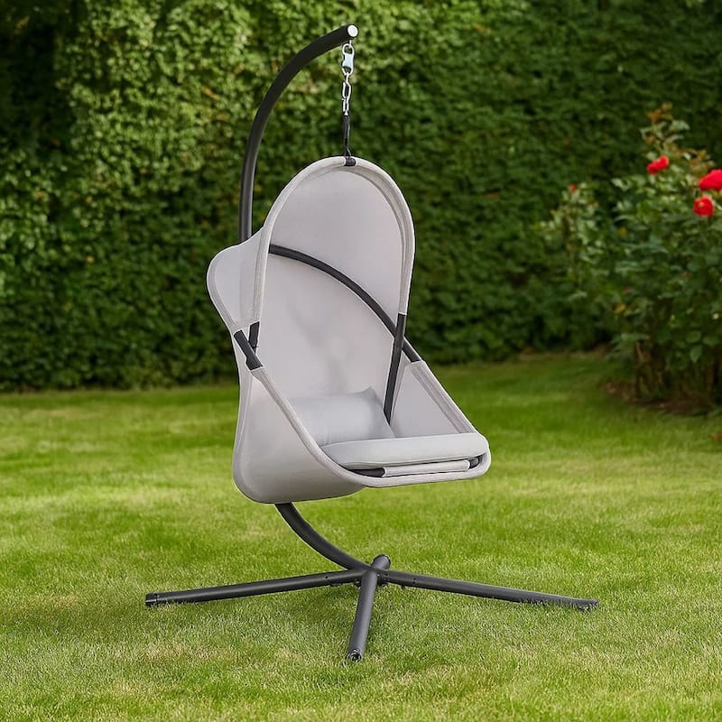 Cery Outdoor Egg Swing Chair, Foldable Stand, Light Gray Cushion