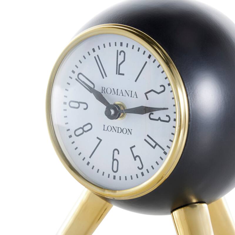 Black or Silver Metal Orb Tabletop Clock with White Clockface and Gold Tripod Legs