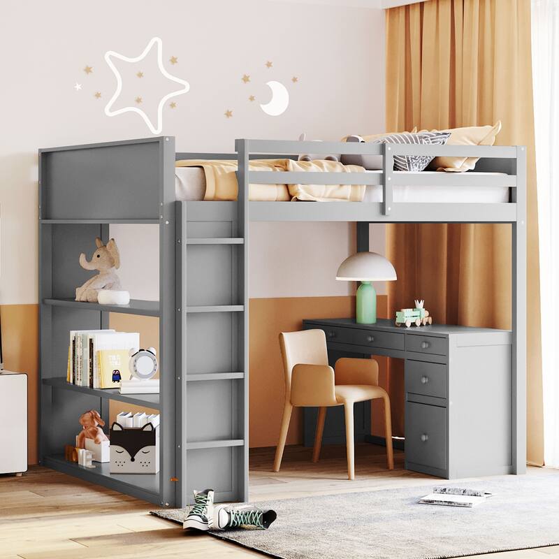 Twin/Full Size Loft Bed with Desk & Shelves for Kids/Adults, Wood Loft Beds w/Guardrails & Ladder for Dorm,Bedroom,Guest Room