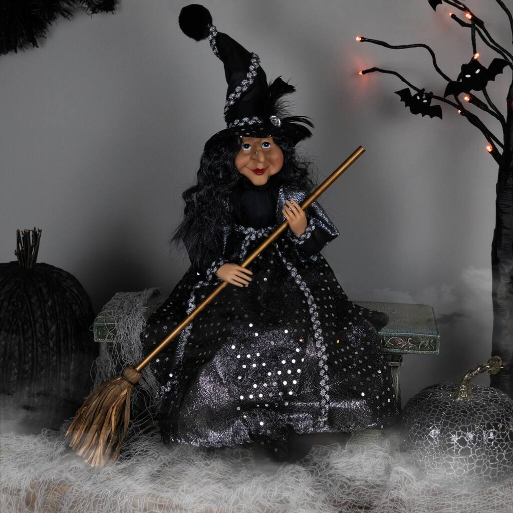 Witch with Broom Hanging Halloween Decoration - 18" - Black and Silver