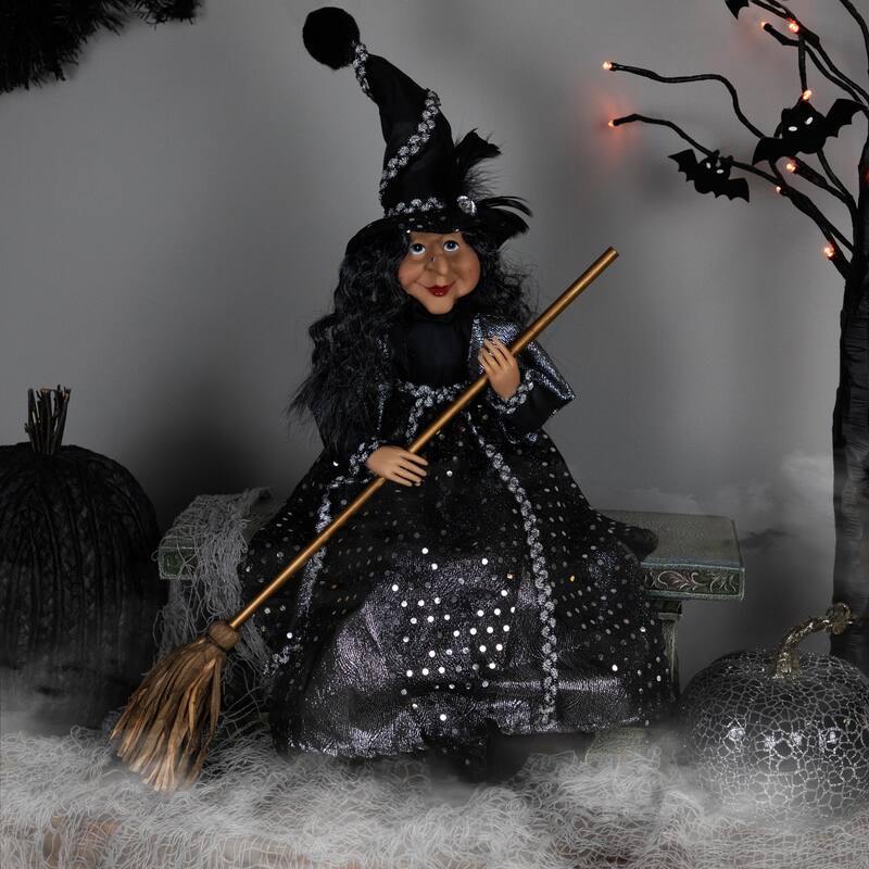 Witch with Broom Hanging Halloween Decoration - 18" - Black and Silver