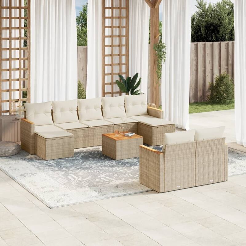 vidaXL Patio Sofa Set with Cushions Outdoor Conversation Furniture Poly Rattan - Beige with table - 24.4 x 24.2 x 27.2 in