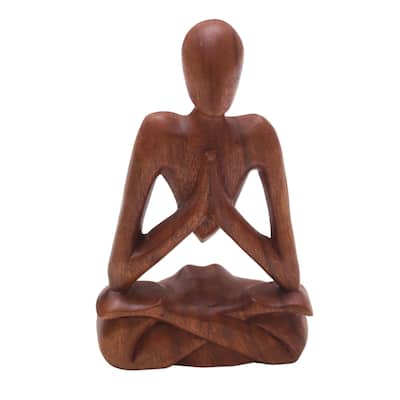 NOVICA Handmade Natural Meditation Wood Sculpture (Indonesia) - 7.75" H x 4.7" W x 1.4" D