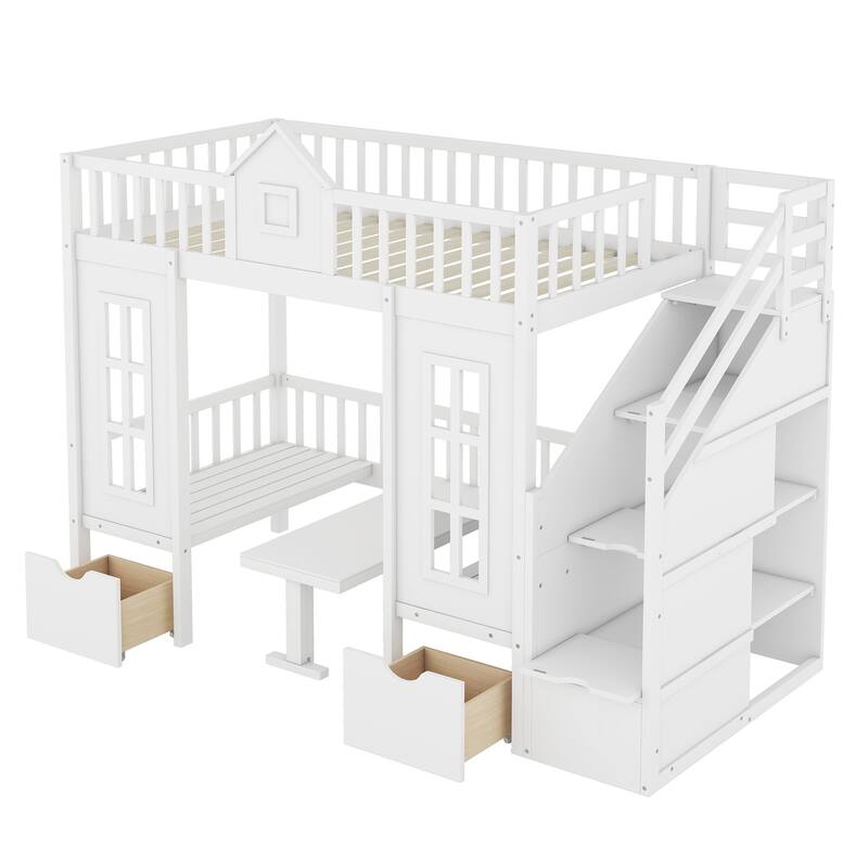 Convertible Twin-Over-Twin Bunk Bed with Desk, White - Space-Saving Loft Bed for Kids