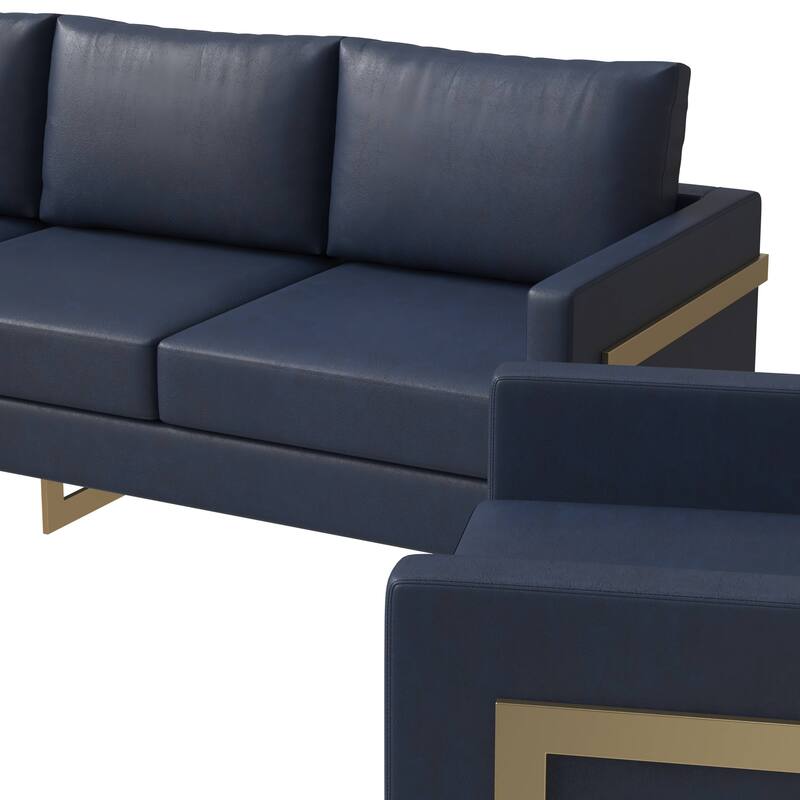 3-Piece Leather Sofa Set with Gold Stainless Steel Base and Removable Cushions