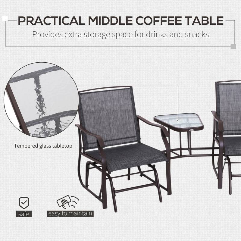 Outsunny Outdoor Glider Chairs with Coffee Table, Patio 2-Seat Rocking Chair Swing Loveseat with Breathable Sling - Brown