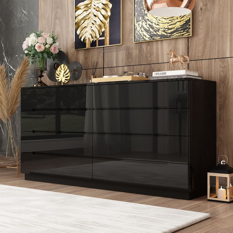 63" High Gloss Dresser With Light Chest w/8 Drawers&Spacious Tabletop