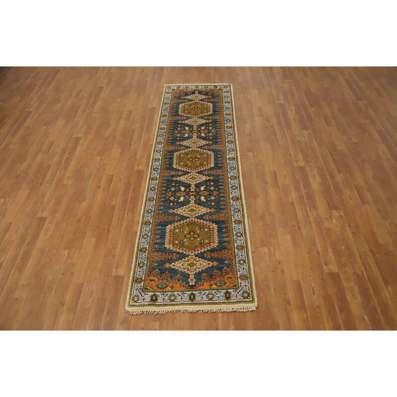Hand Knotted Oriental 100% Wool Carpet Traditional Geometric Navy Blue & Blues Viss Runner Rug - 8' 9'' X 2' 7''